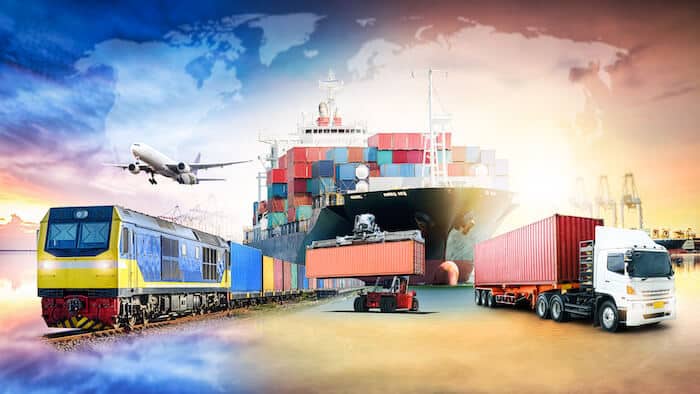 International freight shipping: cargo truck, train, plane and a cargo ship