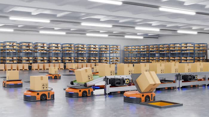 robots sorting boxes in a warehouse
