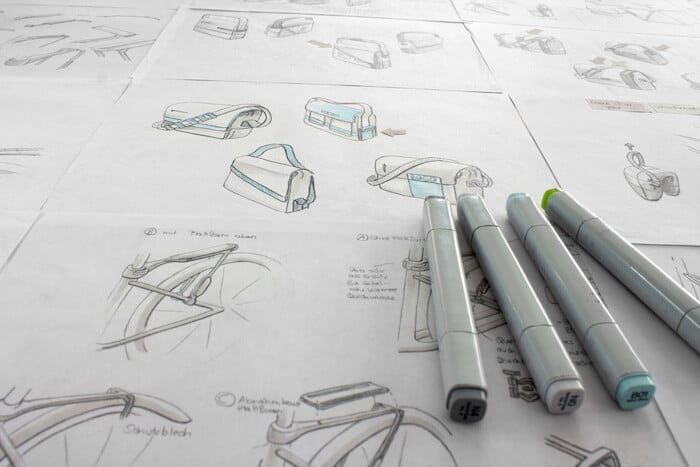 Product design sketches: sketches of bags and bikes