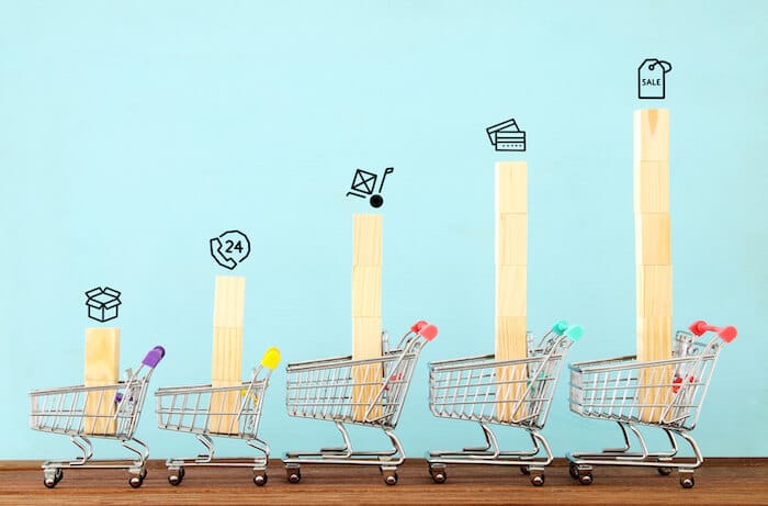 Amazon aggregators: stacked wooden blocks in mini shopping carts