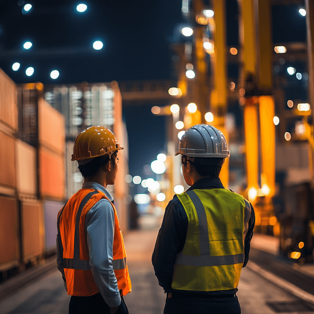 Two factory workers talking about supply chain optimization.
