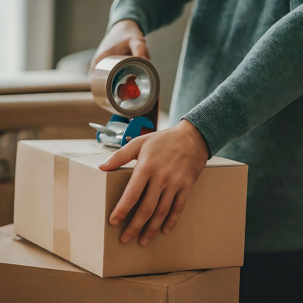 Man tapping a box so that he can ship a product to a customer.