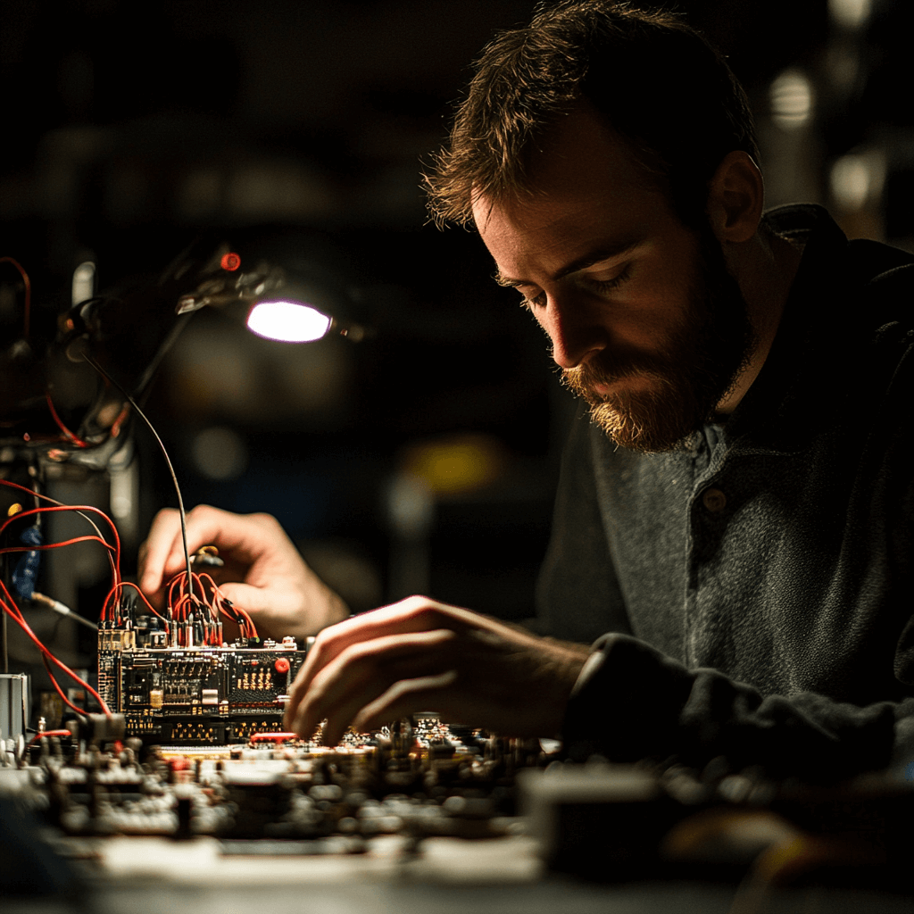 Man working in. the dark creating a new electronic device.