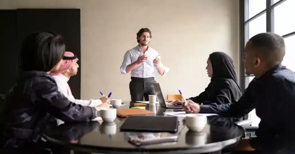 Product funding pitch presentation with a founder explaining a business idea to potential investors.