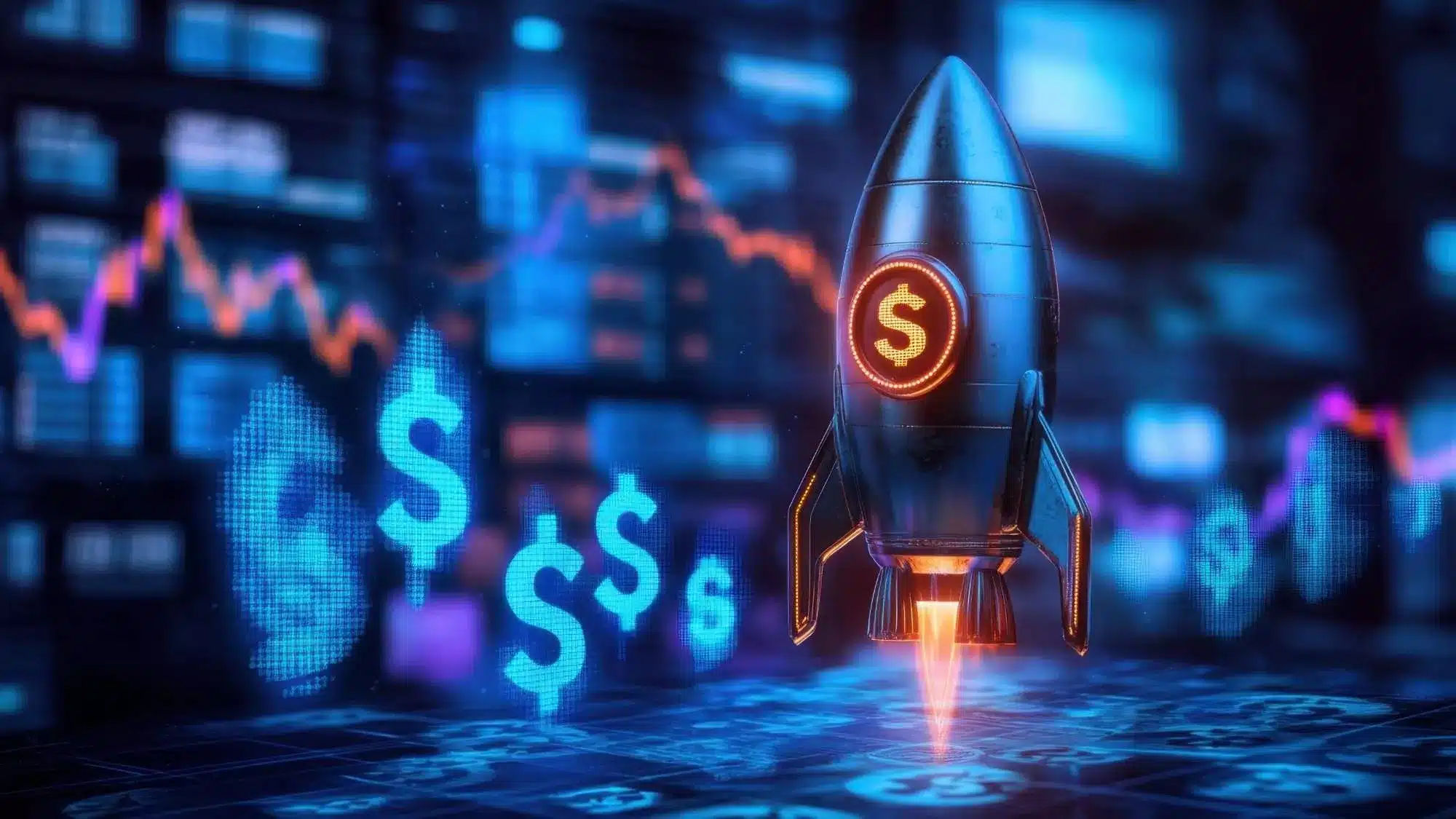 Product funding concept illustrated by a rocket launching alongside financial charts and dollar symbols.