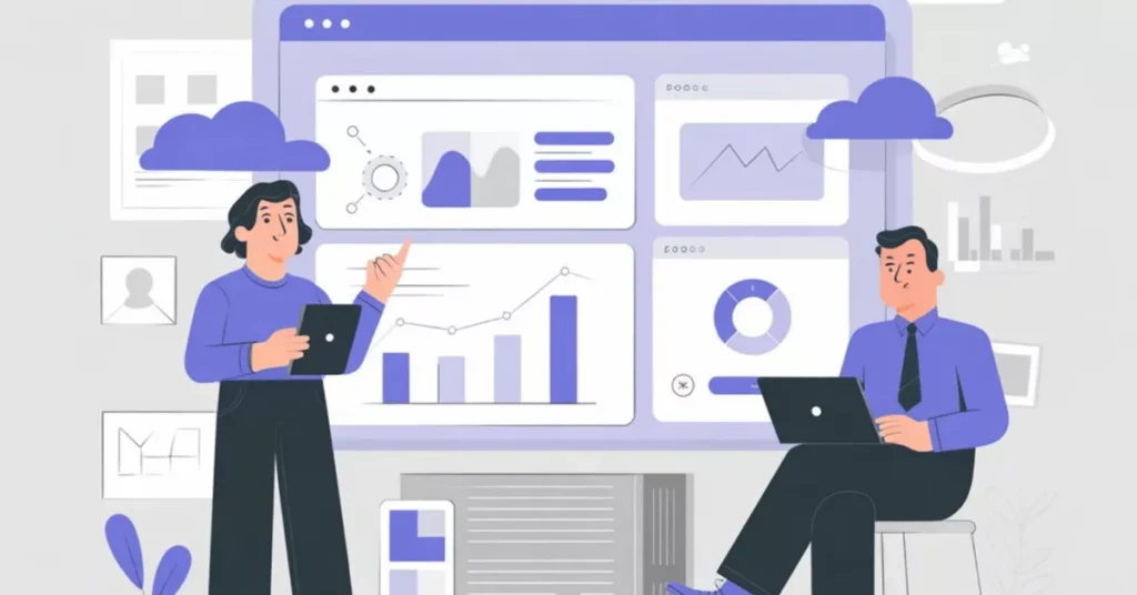 Amazon SEO analytics dashboard illustration showing keyword tracking, conversion metrics, and marketplace performance insights