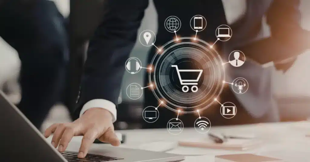 Amazon SEO strategy showing ecommerce optimization with shopping cart icons, multi-channel sales touchpoints, and data-driven ranking signals