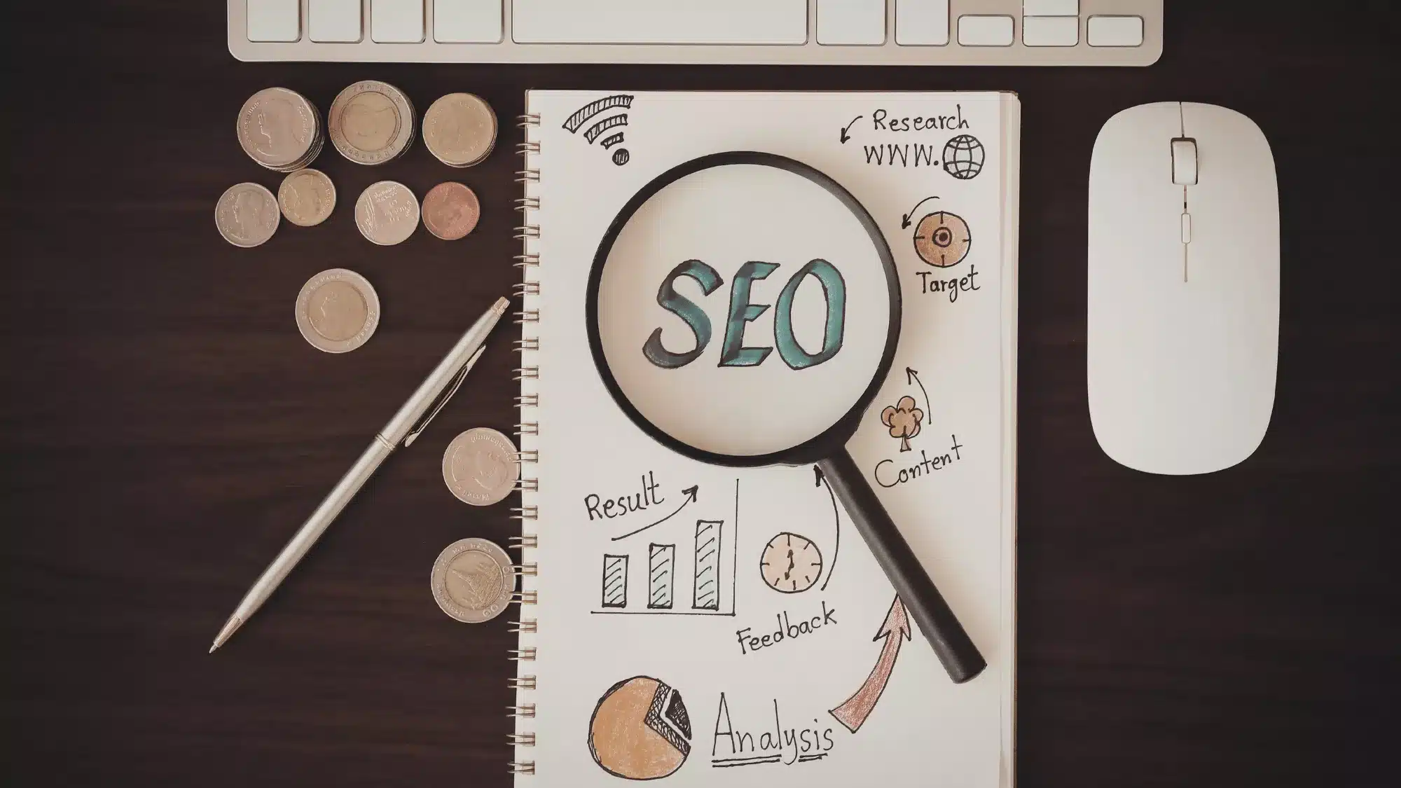 Product SEO research and analytics concept with magnifying glass over SEO notes representing keyword research and product search visibility