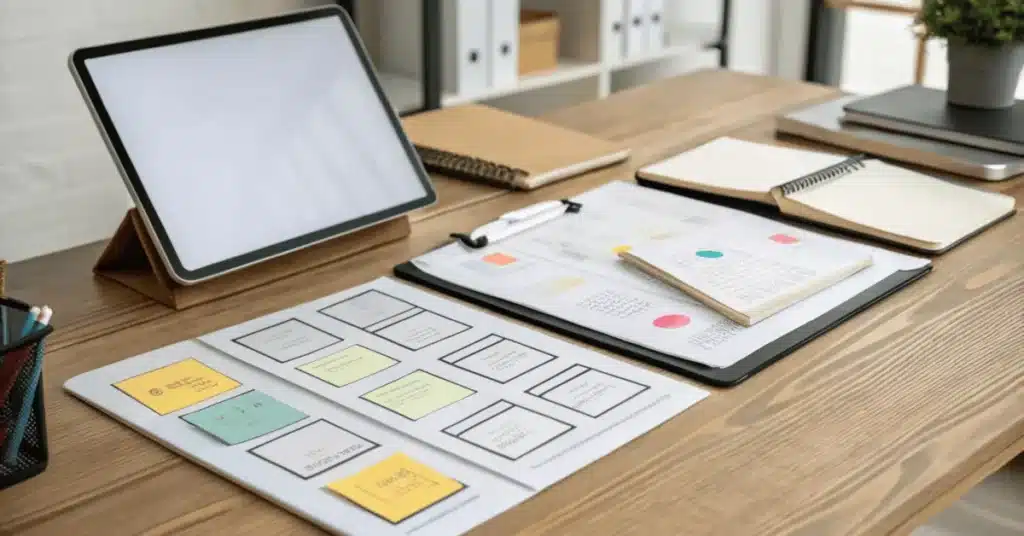 Product SEO planning workflow with wireframes, notes, and tablet illustrating modern ecommerce search optimization strategy