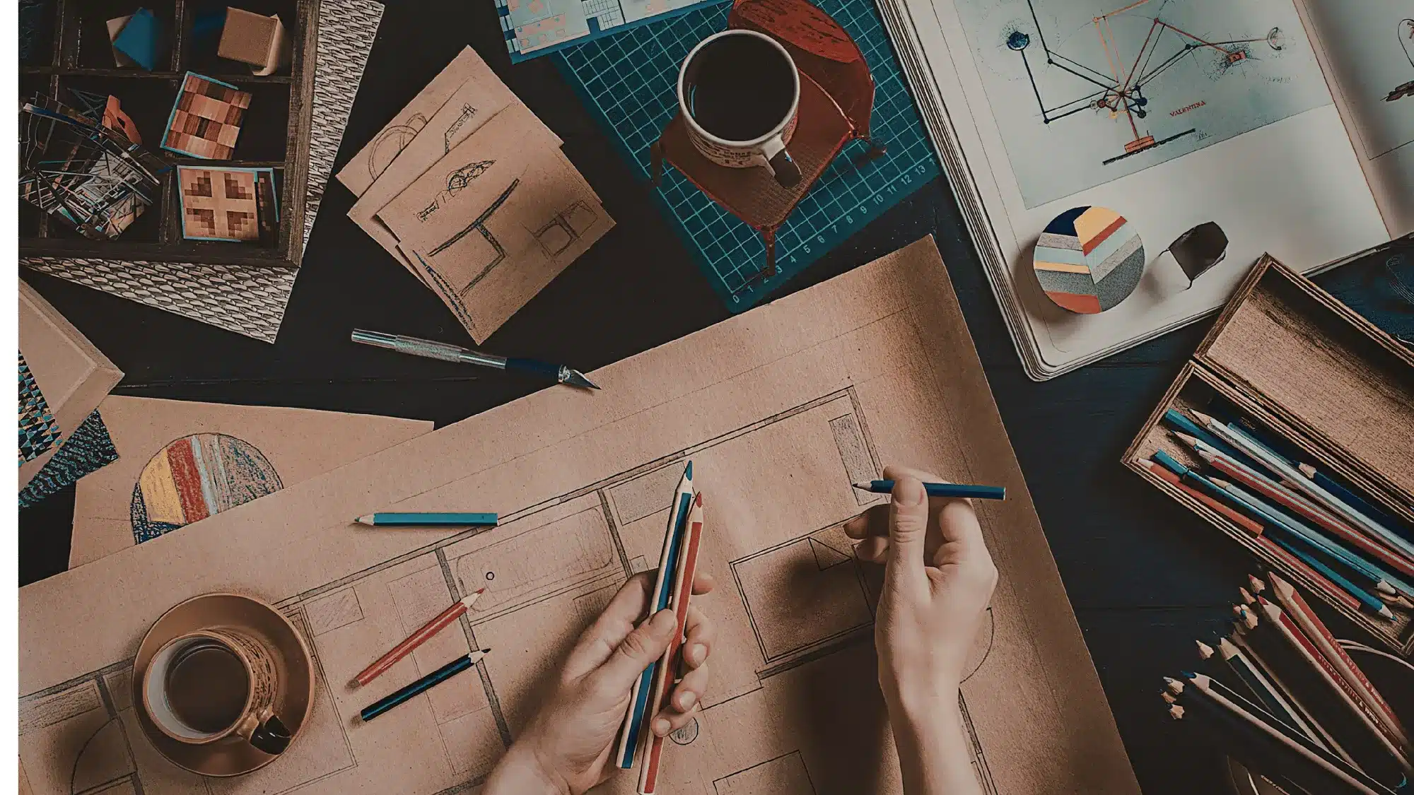 product design insights workspace with sketches, materials, and tools for creative product development