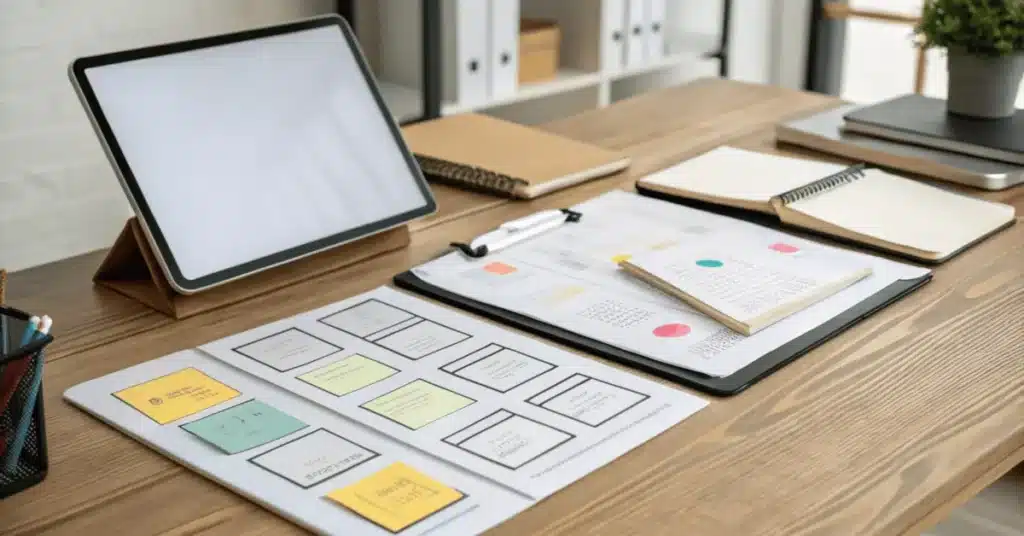 tech pack workflow with digital layout, notes, and planning materials for organizing product requirements