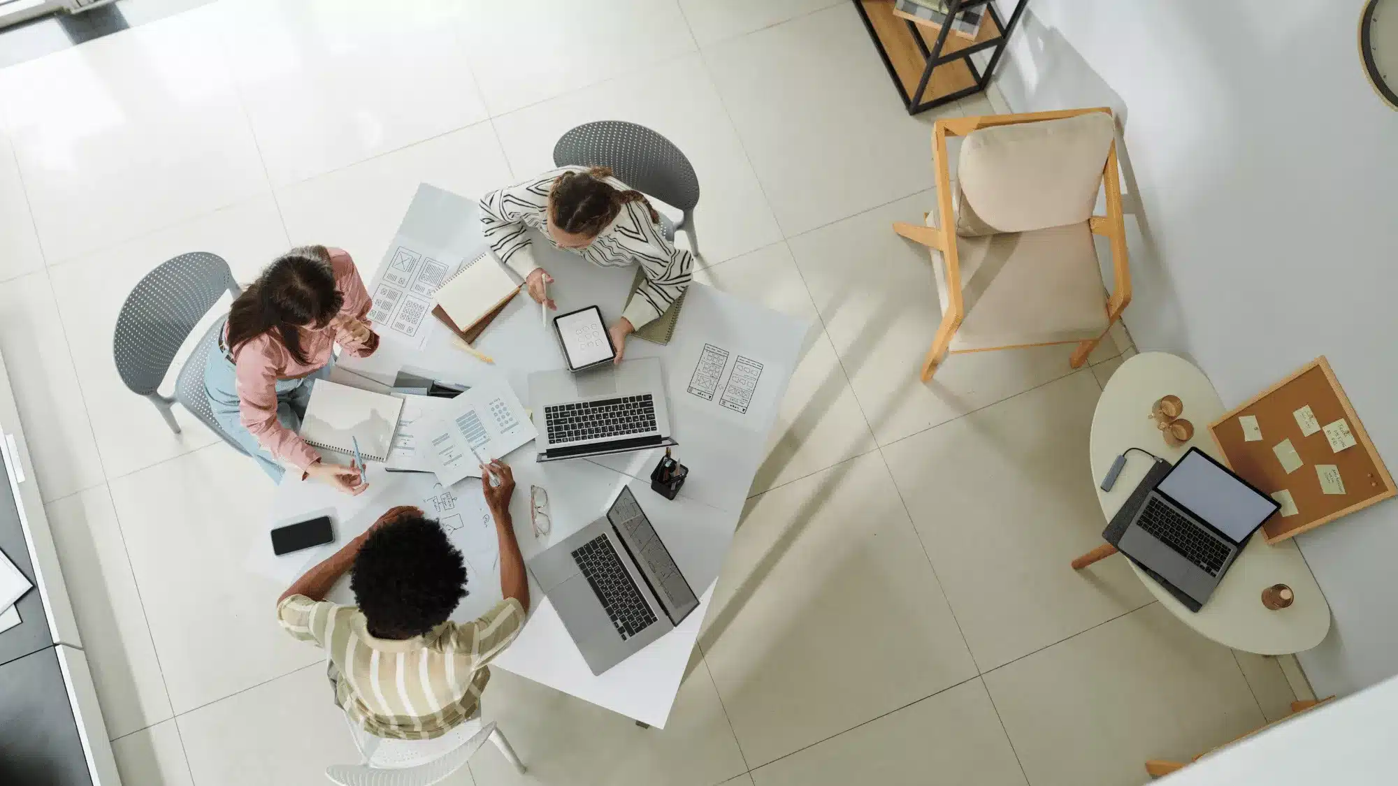 collaborative product development journey with team reviewing wireframes and digital prototypes