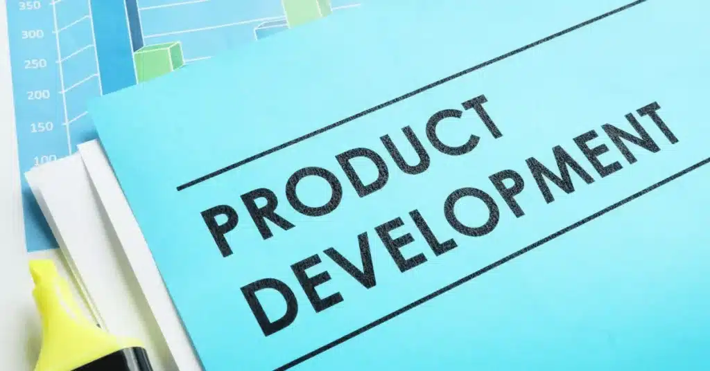 product development education concept with charts and documents highlighting strategy and innovation process