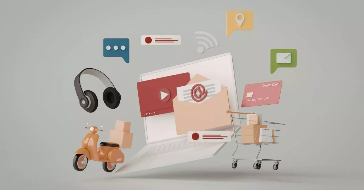 A clean illustration of online shopping with a laptop, cart, boxes, and payment icons, showing how digital buying and logistics all connect
