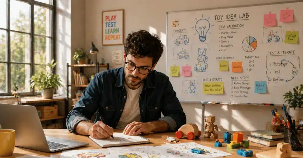 A creative toy inventor sketches ideas and brainstorms concepts in a toy idea lab filled with drawings, prototypes, and colorful building blocks