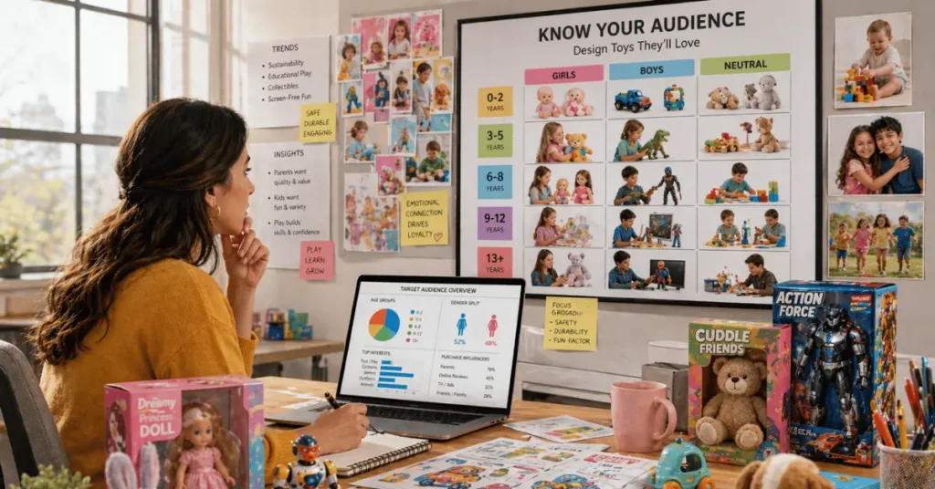 A toy designer studies customer demographics and market research boards to identify the right target audience for new toy products