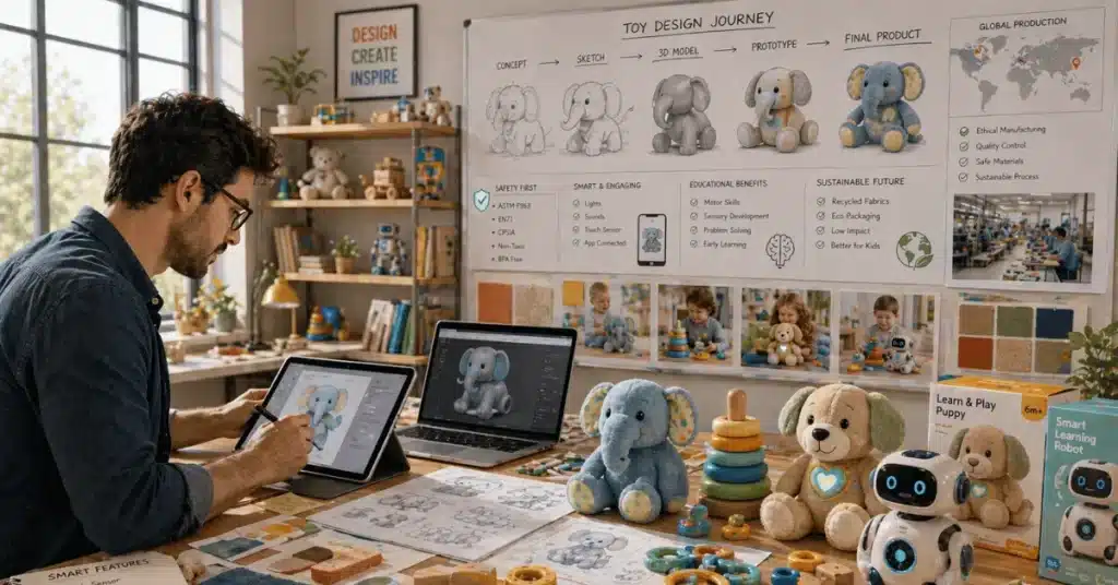 A designer creates digital toy concepts and product sketches while mapping out the toy design journey from idea to final product
