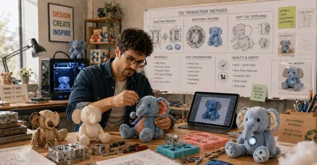 A toy developer builds and tests plush toy prototypes at a workshop desk surrounded by molds, tools, materials, and production plans