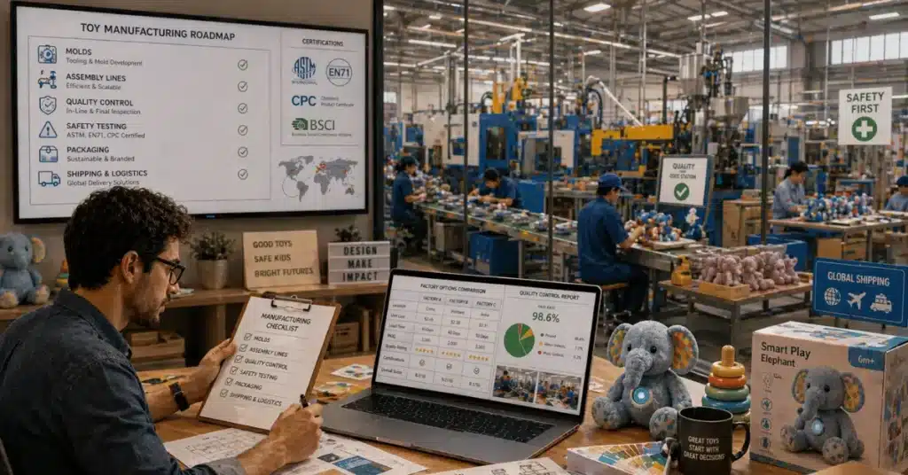 A product manager reviews toy manufacturing costs and quality control reports while overseeing production inside a busy toy factory