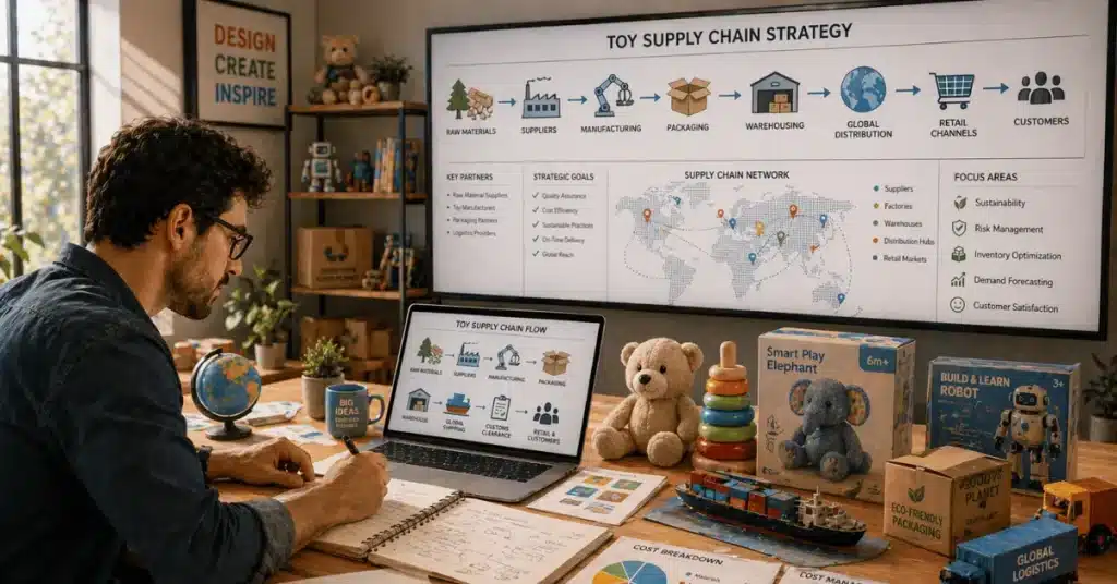 A toy business professional plans a global toy supply chain strategy with charts, logistics diagrams, and product samples spread across the desk