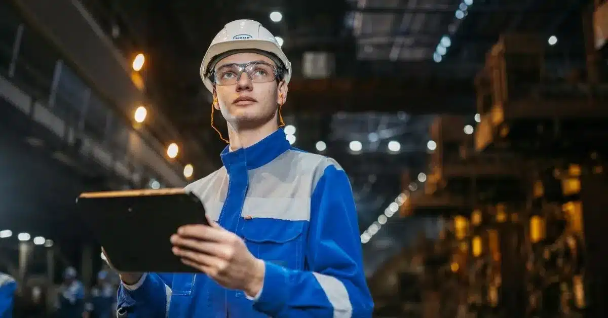 Manufacturing engineer reviewing production operations on a factory floor, illustrating the oversight and quality control involved in custom manufacturing and product development.