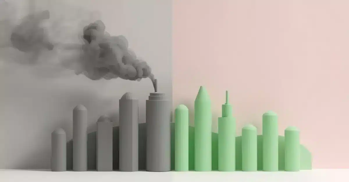 Illustration contrasting traditional manufacturing pollution with sustainable production methods, highlighting how custom manufacturing can provide greater control over materials, processes, and environmental impact.