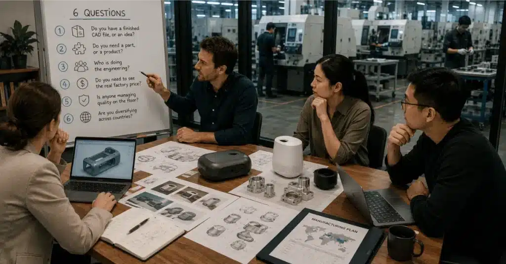 Product team reviews engineering drawings, prototypes, and sourcing questions to compare Gembah and Xometry.