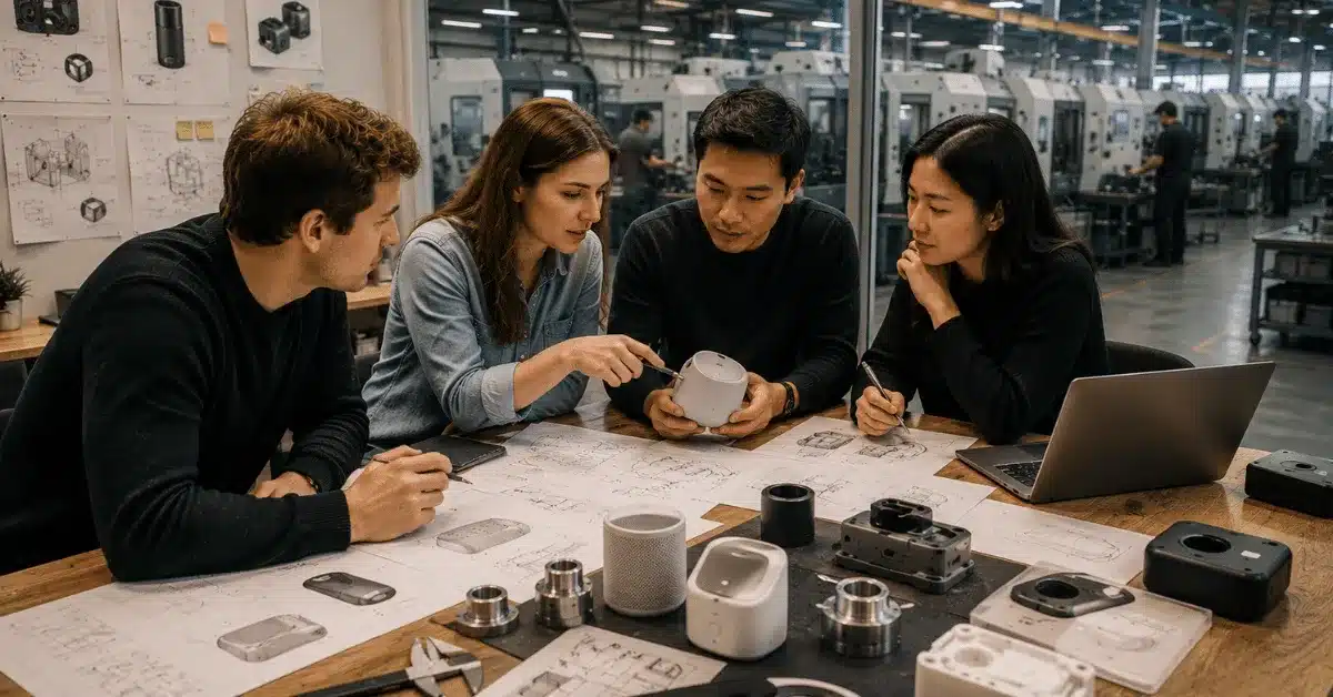Product team reviews prototypes, engineering drawings, and manufacturing details for a connected product development platform.