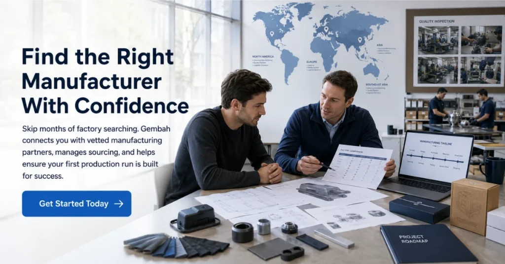 Gembah consultant reviews factory comparison details, product drawings, and a manufacturing timeline with a product founder.