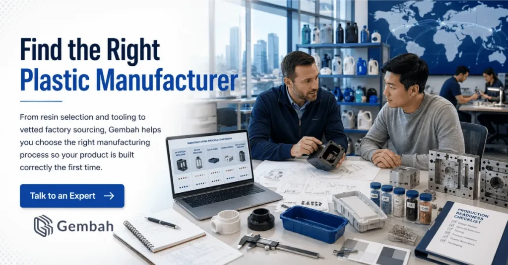 Gembah product team reviews plastic parts, tooling, resin samples, and manufacturing details before bringing a product to market.