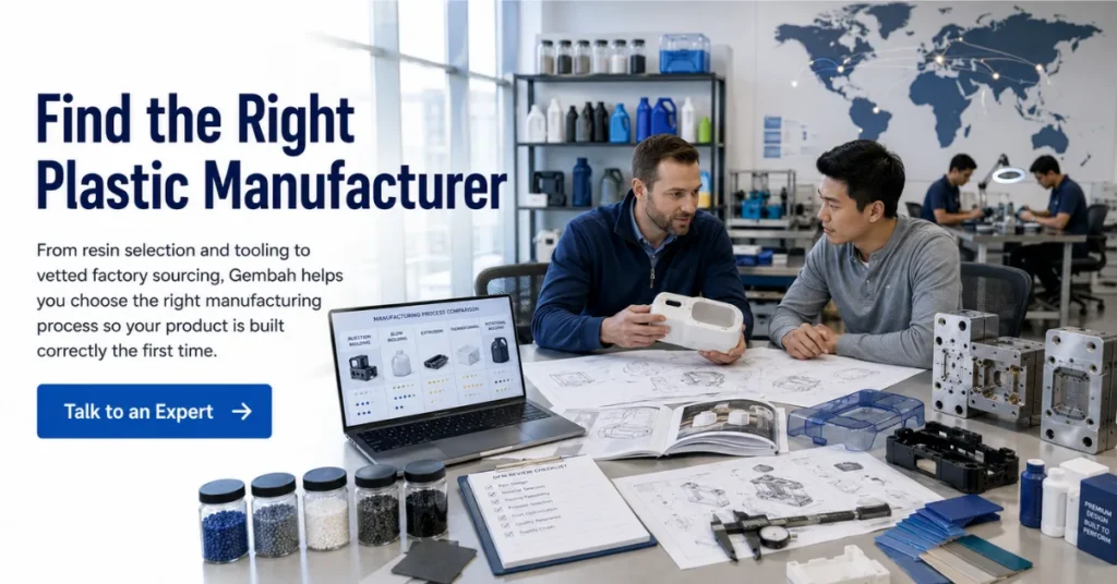 Gembah consultant reviews plastic product samples, resin options, tooling, and manufacturing process details with a product founder.