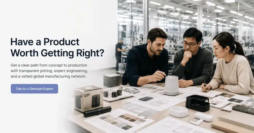 Gembah product team reviews prototypes, materials, and design sketches for a concept-to-production manufacturing project.