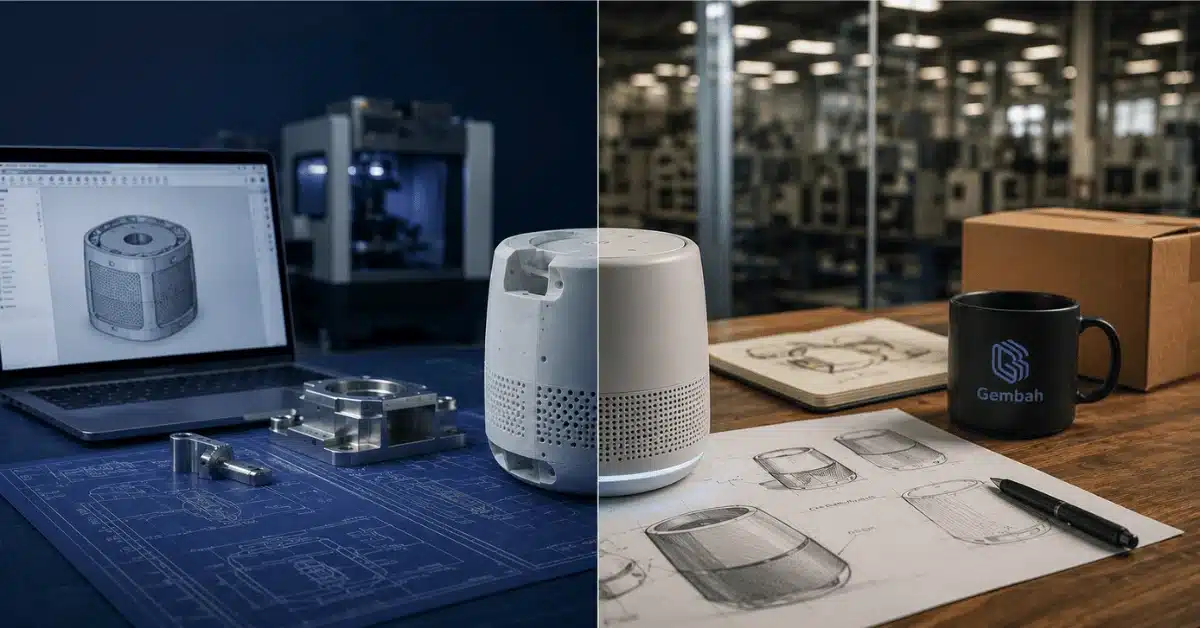 Split-view image comparing CAD design, prototyping, and product planning for choosing between Gembah and Xometry.