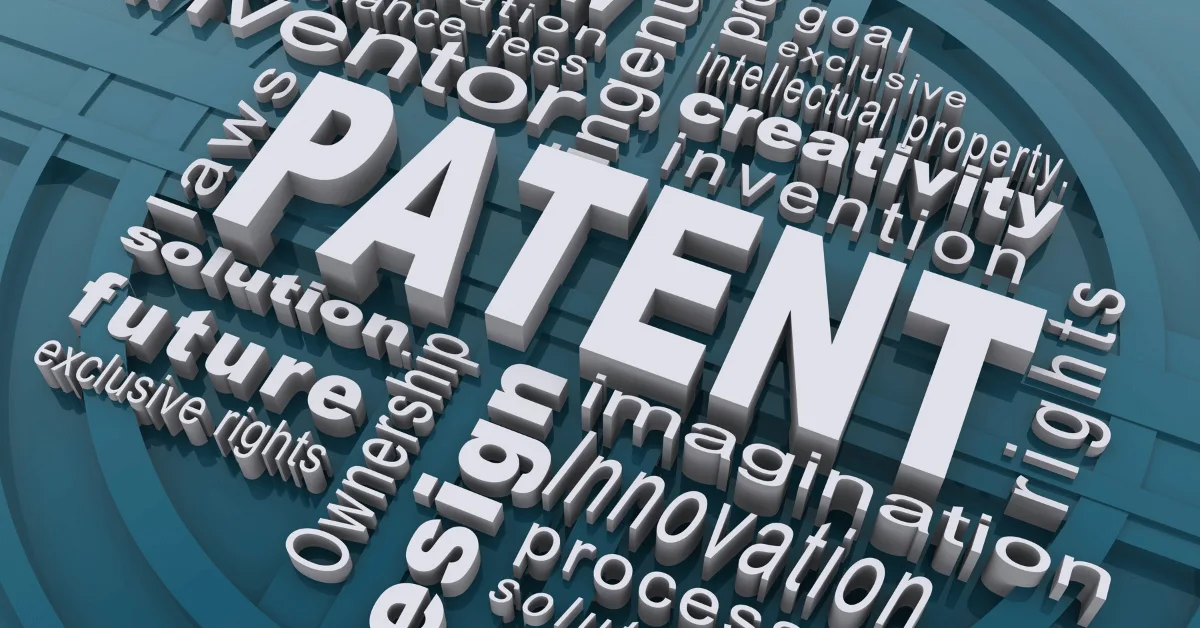 3D patent word cloud with invention, creativity, ownership, and intellectual property terms.