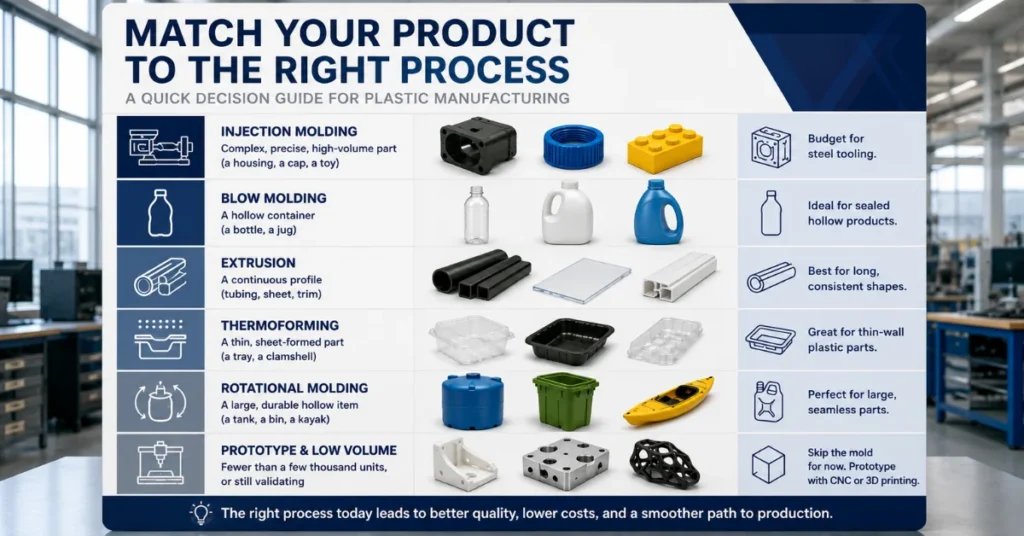 Plastic manufacturing decision guide comparing injection molding, blow molding, extrusion, thermoforming, rotational molding, and low-volume prototyping.