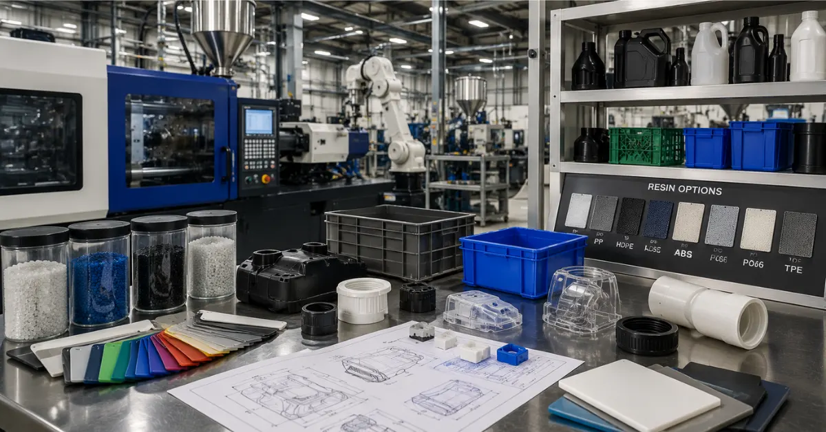 Plastic manufacturing workspace with resin samples, molded parts, product drawings, and production equipment for choosing the right factory partner.