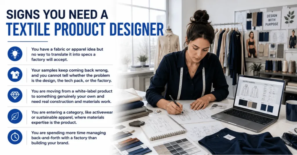 Infographic showing when to hire a textile product designer for apparel specs, samples, materials, and factory-ready tech packs.