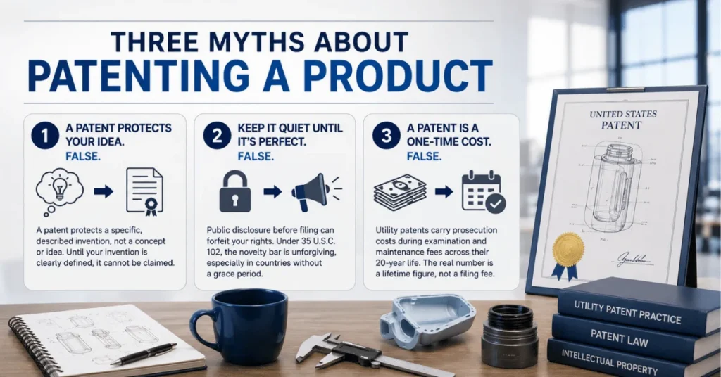 Infographic explaining common myths about patenting a product, including idea protection, public disclosure, and patent costs.