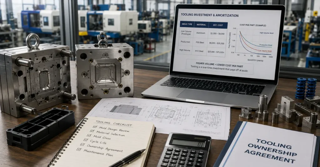 Injection molds, tooling cost chart, calculator, checklist, and ownership agreement used to plan plastic manufacturing costs.