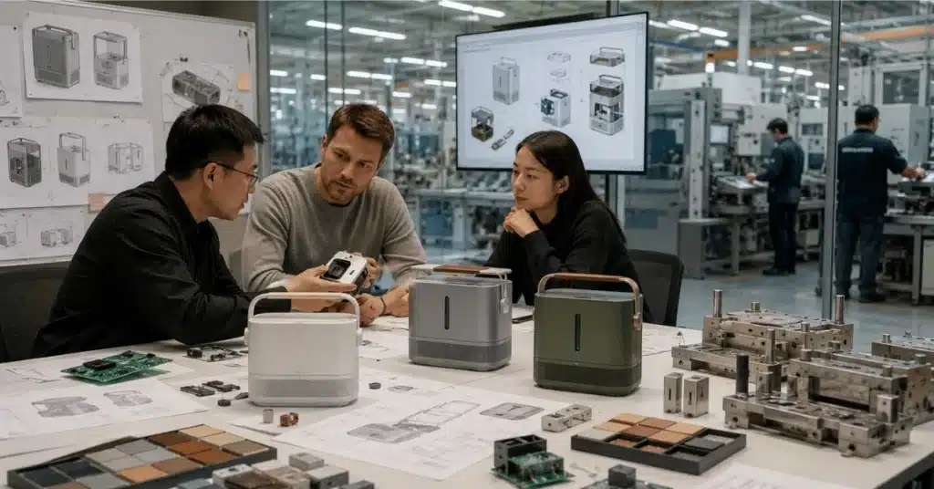 Product development team reviews modified product samples, design drawings, parts, and tooling in a factory setting.