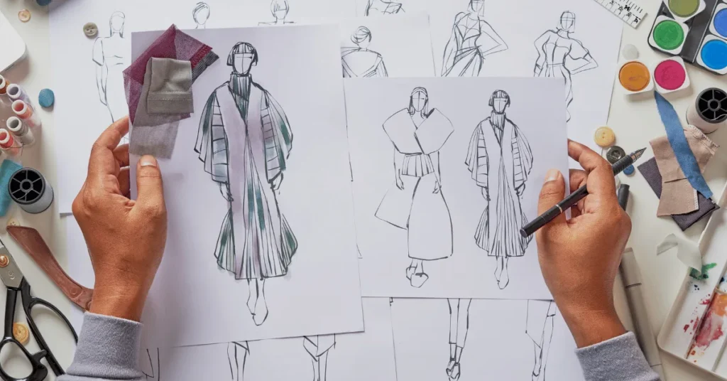 Fashion designer reviews garment sketches, fabric swatches, thread, buttons, and creative tools for textile product development.