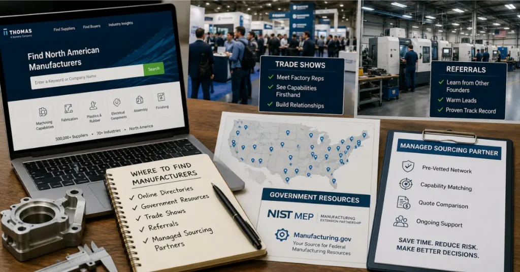 Manufacturing research workspace showing supplier directories, trade shows, referrals, government resources, and sourcing partner options.