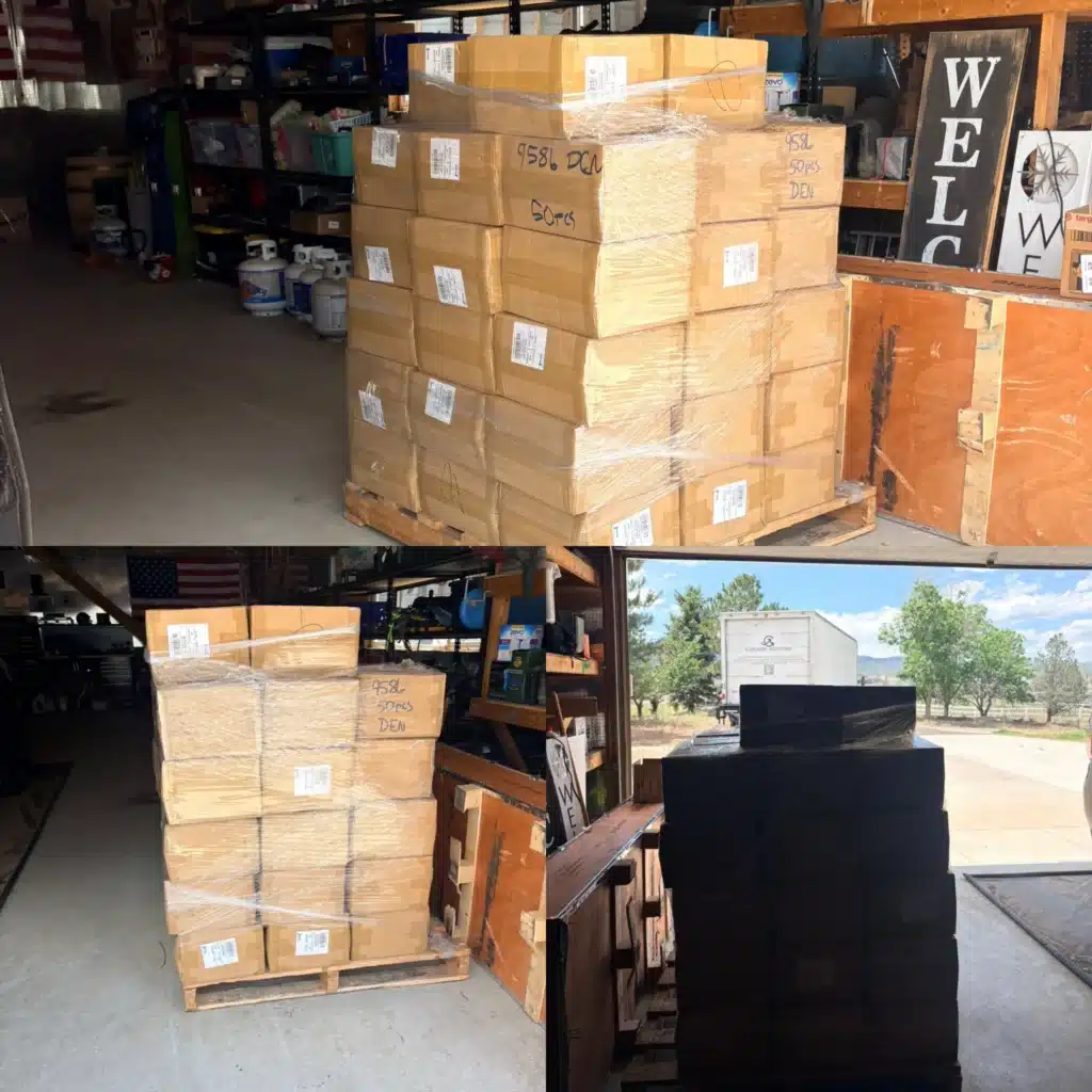 First Boot Pocket production run from Gembah's factory partner, shrink-wrapped on pallets and delivered to the founder's garage