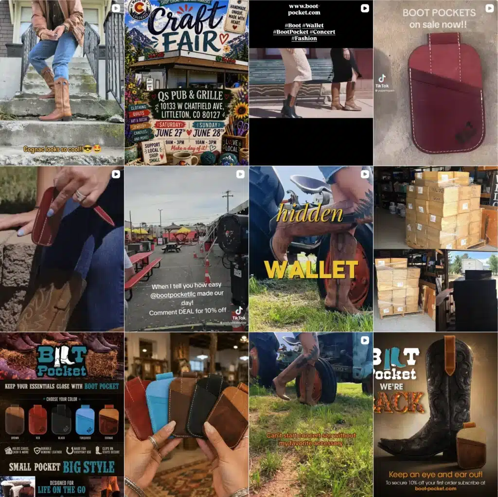 Grid of influencer TikTok and Instagram reels featuring Boot Pocket leather boot wallets worn in cowboy boots