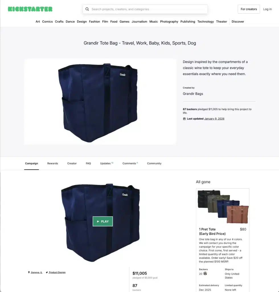 Grandir Pret Tote Kickstarter campaign page showing $11,005 pledged against a $5,000 goal from 87 backers