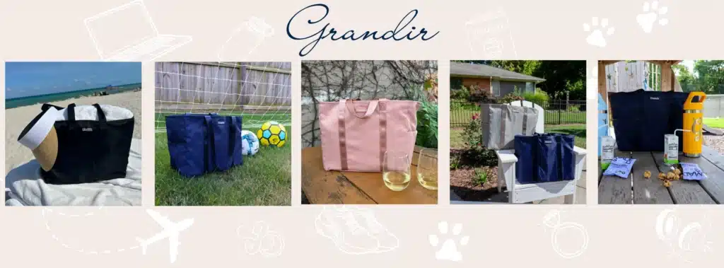 Grandir Pret Tote in black, navy, and blush, and grey shown at the beach, a soccer field, and a backyard