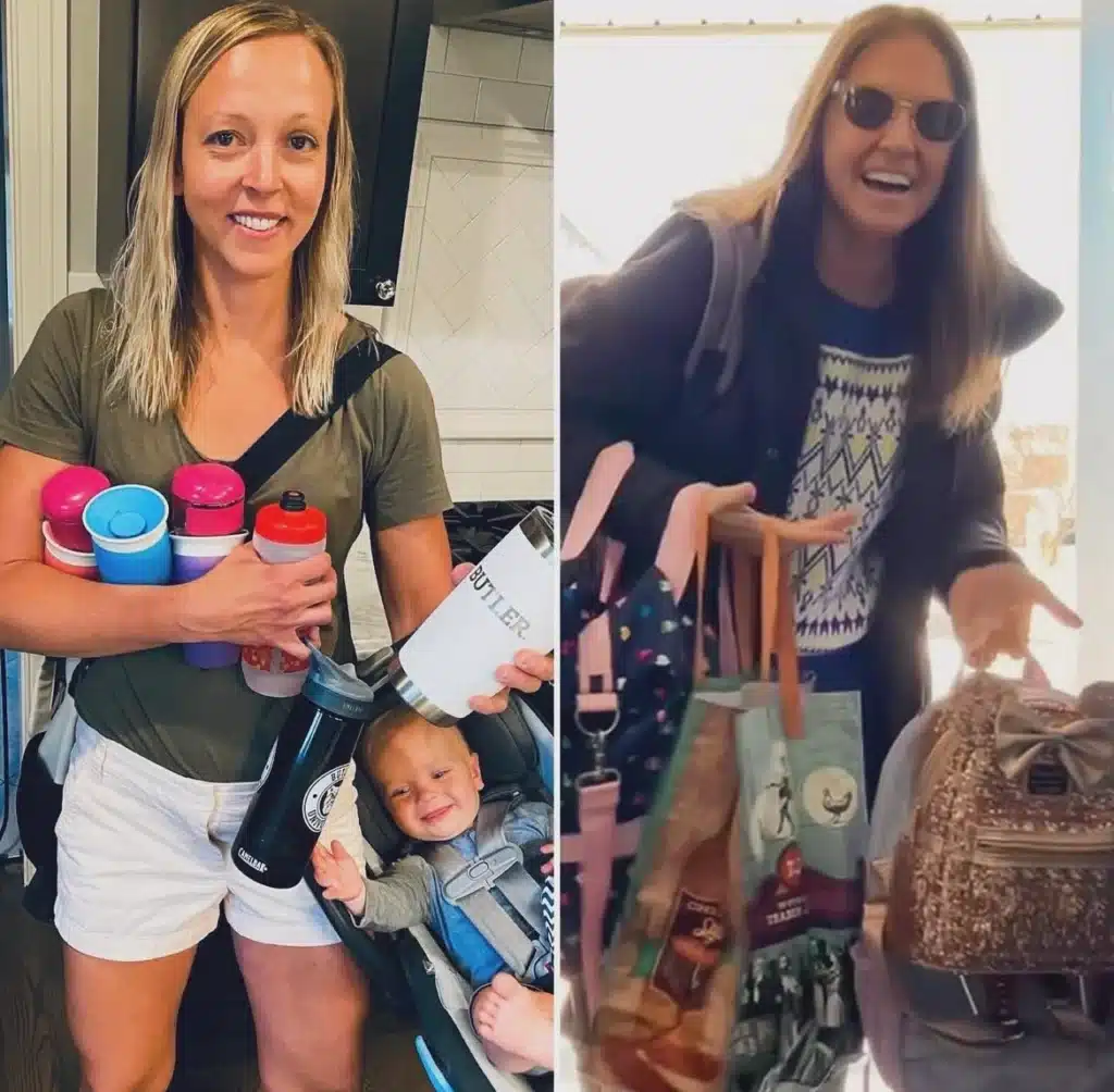 Grandir co-founders juggling water bottles, snacks, and mismatched bags — the everyday problem the Pret Tote was designed to solve
