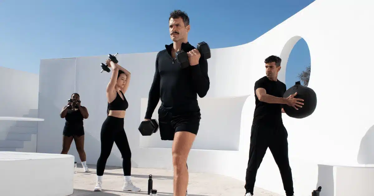 Athletes wearing performance activewear during an outdoor training session, showing the end use of a finished activewear line.