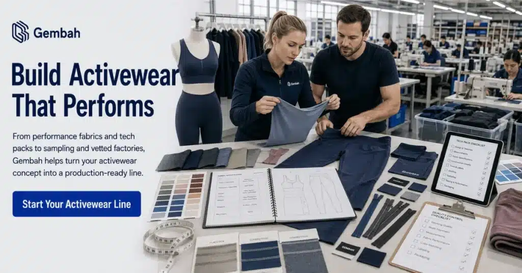Activewear manufacturing team reviews performance fabric, tech packs, trims, samples, and quality checklists for a production-ready apparel line.