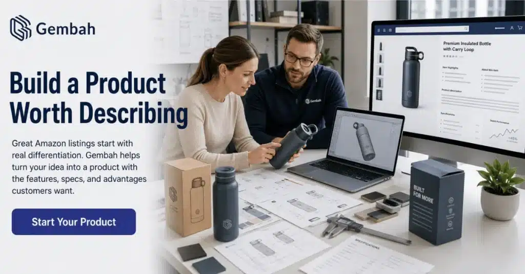 Gembah product team reviews a water bottle prototype, product specs, packaging, and Amazon listing details.